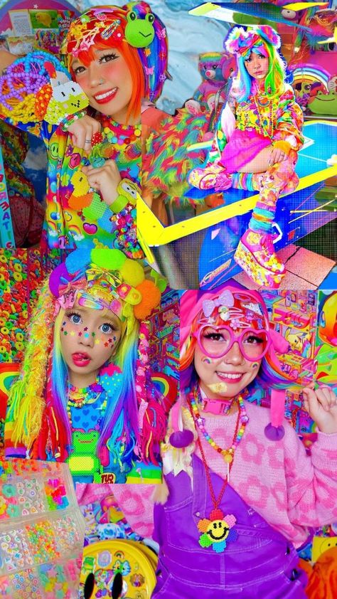 a collage featuring Cyber girl's images Rainbow Athstetic, Decora Kei Outfits, Cybr Grl, Decora Outfits, Decora Fashion, Decora Harajuku, Harajuku Decora, Funky Outfits, Alt Fashion