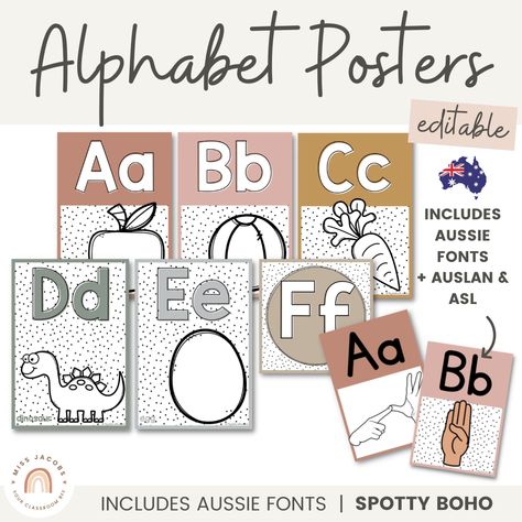 ALPHABET POSTERS | SPOTTY BOHO - Miss Jacobs Little Learners Boho Colour Palette, Neutral Boho Decor, Boho Decor Style, Polka Dot Classroom, Boho Classroom Decor, Boho Rainbow Classroom, School Fonts, Boho Classroom, Rainbow Classroom