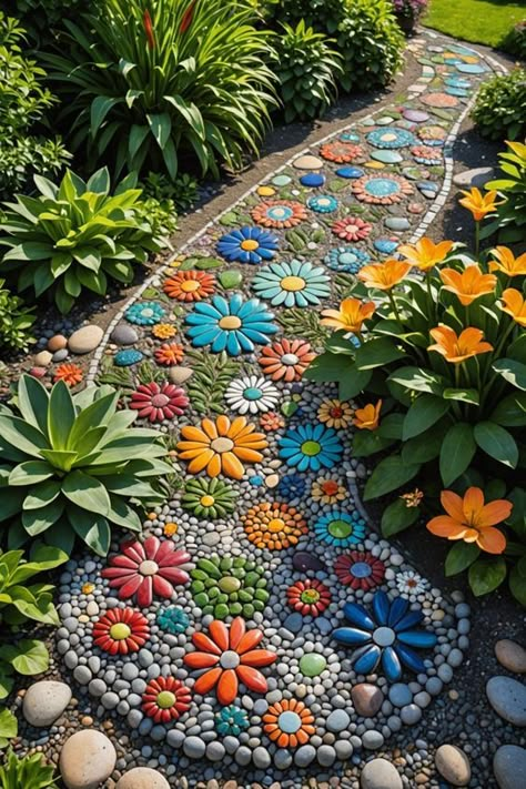 20 Pebble Garden Landscaping Ideas For Backyard - Toolz Geek Fairy Rock Garden, Garden Walkway Ideas Pathways, Rocks Pathway, Spiritual Garden Ideas Backyards, Garden Stone Ideas, Stones In Garden, Pebble Flowers, Pavement Ideas, Garden Pavement