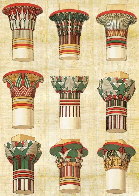 Egyptian Columns Drawing, Egyptian Architecture Drawing, Ancient Egyptian Motifs, Egyptian Columns, Egyptian Design Pattern, Ancient Egypt Architecture, Ancient Egypt Hieroglyphics, Egypt Architecture, Ancient Egypt Pyramids