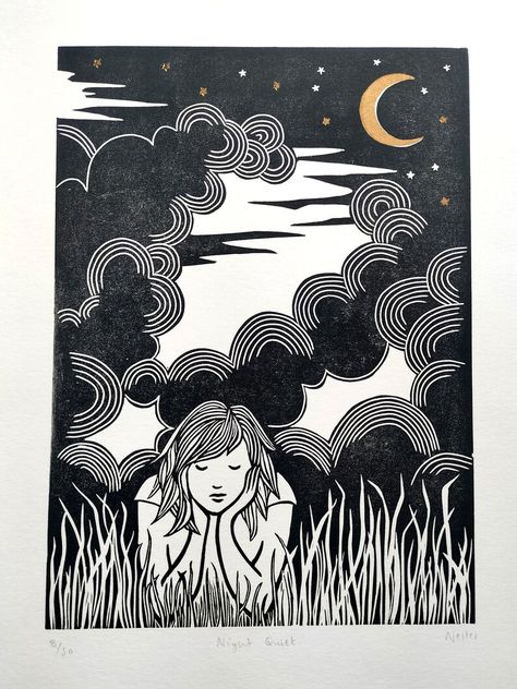 Night Quiet an Original Limited Edition Handcarved Linocut - Etsy Australia Linocut Portrait, Rainny Day, Woodcut Prints, Gold Crescent Moon, Moon Clouds, Woodcuts Prints, Lino Print, Linocut Prints, Linocut