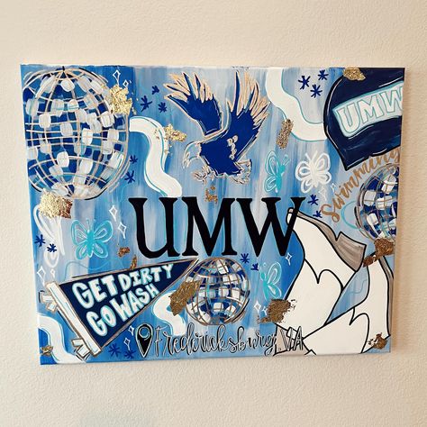 Custom UMW college painting! Message me for these customs to get them on time. 💙🦋 #college #canvas #custompaint #custompainting #smallbusiness #umw #collegeswimming #swim Custom College Painting, College Wall Art Diy, Cute College Paintings, College Painting Canvases Dorm Room, College Collage Painting, Cute Dorm Paintings, Graduation Painting Ideas Canvases, Paintings For Dorm, Dorm Paintings Canvas