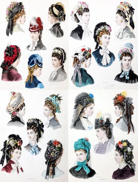 Ad of various bonnets Hairstyles Illustration, Diy Bonnet, Historical Hairstyles, Historical Hats, Historical Shoes, Victorian Hairstyles, Victorian Hats, Fresh Dress, Hair Nets