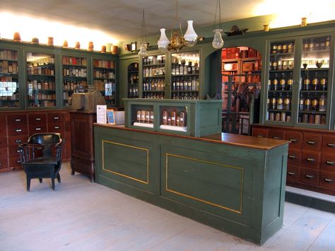 Vintage pharmacy style Apothecary Interior, Apothecary Counter, Apothecary Inspiration, Apothecary Store, Apothecary Shop, Apothecary Pharmacy, Pharmacy Decor, Vintage Apothecary, Pharmacy Design