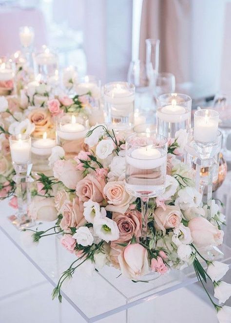 bellethemagazine.com 1 Decorative Centerpieces, Mauve Wedding Colors, Blush Wedding Centerpieces, Low Centerpieces, Blush Pink Weddings, White Wedding Flowers, Centerpiece Ideas, Wedding Table Decorations, Wedding Flower Arrangements