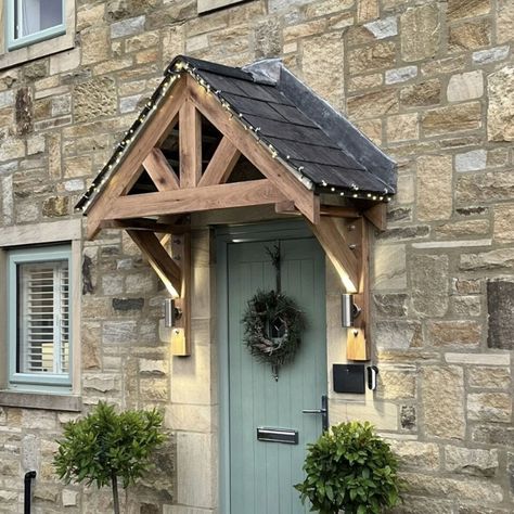 Upgrade your front entrance with a stunning Solid Oak Porch Kit! Traditional style, made in the UK. Free delivery included. #OakPorch #FrontEntrance 🏡 Door Canopy Porch, Awning Over Door, Canopy Porch, Oak Porch, Front Porch Ideas Uk, House Moodboard, Door Overhang, Front Door Canopy, Cottage Front Doors