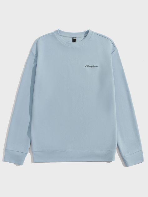 Baby Blue Casual Collar Long Sleeve Polyester Letter Pullovers Embellished Slight Stretch Spring Men Hoodies & Sweatshirts Baby Blue Sweater Men, Blue Sweatshirt Outfit, Sweatshirt Outfit Men, Drop Shoulder Sweatshirt, Colorful Sweatshirt, Men Sweatshirts, Men Hoodies, Men's Outfits, Dropped Shoulder Sweatshirt