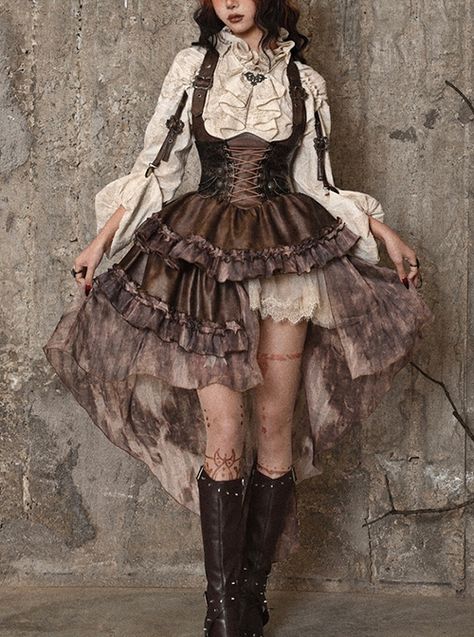 Buy Exile Journey Series Steampunk Asymmetrical PU Maillard Brown Lace Mesh Large Hem Bust Strap Sleeveless Dress JSK on Lolitain.com. Choose your perfect classic lolita dress, gothic lolita dress, and more. Regular discounts up to 50% off. Japanese Punk, Brown Corset, Steampunk Dress, Office Dresses For Women, Medieval Dress, Ruffle Sleeve Blouse, Punk Outfits, Sling Dress, Hem Skirt