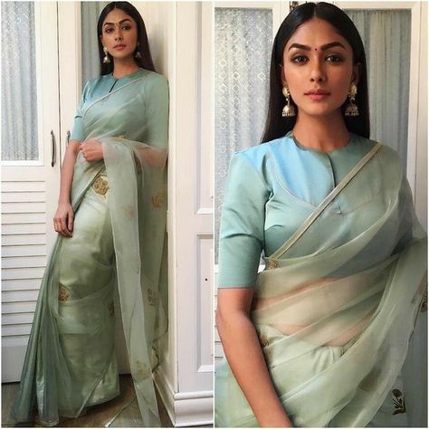 Saree Plain, Designs Blouse, Bollywood Designer Sarees, Formal Saree, Mrunal Thakur, Blouse Designs High Neck, Saree Blouse Styles, Office Blouse, Saree Blouse Neck Designs