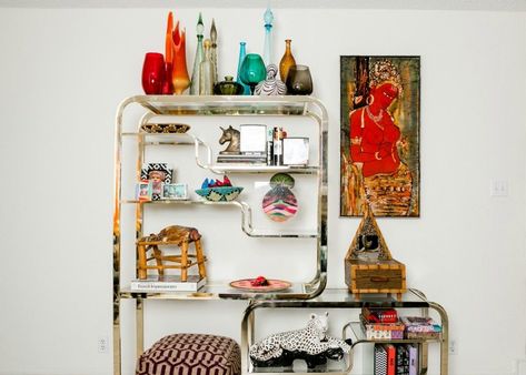 Vintage Milo Baughman etagere styled with a collection of colorful vintage glass by Jennifer Perkins Milo Baughman Etagere, Etagere Styling, Brass Etagere, Vintage Glass Vases, Alcove Shelves, Carolina House, North Carolina Homes, Milo Baughman, Glass Vases