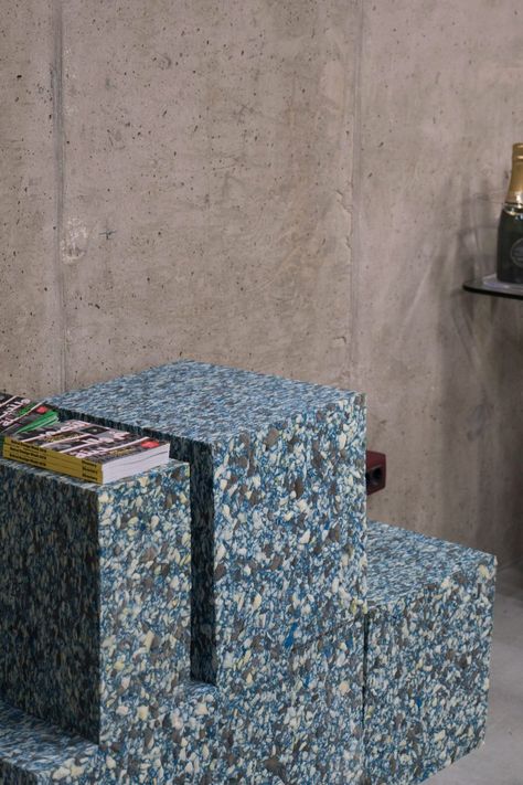 Geometric foam blocks mimic marble and terrazzo at Beirut Design Week Foam Furniture, Foam Factory, Geometric Furniture, Recycle Design, Factory Interior, Foam Blocks, Recycled Plastic Furniture, Terrazzo Flooring, Plastic Furniture