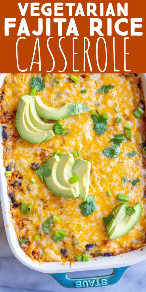 Fajita Rice Casserole, Veggie Enchilada Casserole, Easy Vegetarian Casseroles, Fajita Rice, Vegetarian Enchilada Casserole, Vegetarian Casserole Recipes, Meatless Meals Healthy, Rice Black Beans, Fajita Vegetables