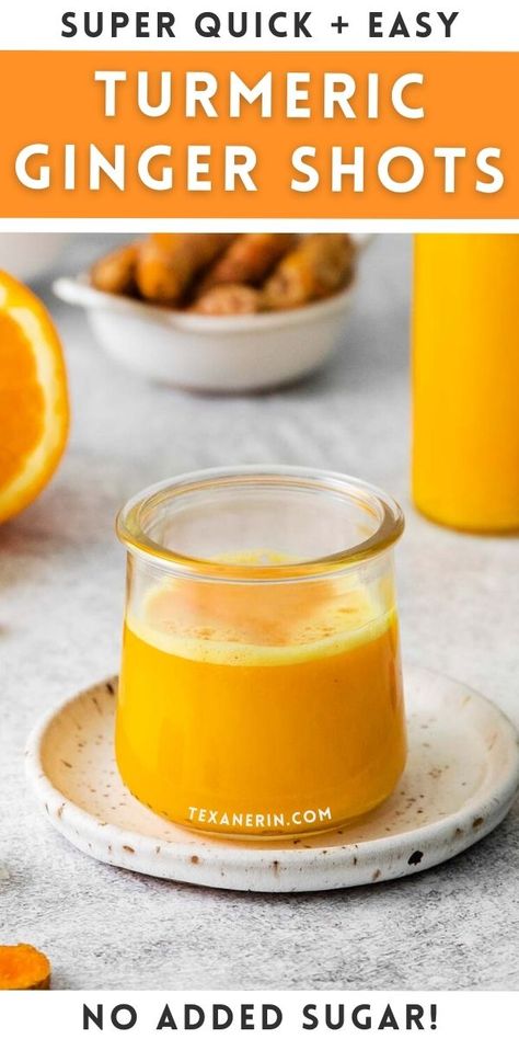 Turmeric Ginger Shots - Texanerin Baking Lemon Ginger Turmeric Shots, Ginger Turmeric Shots, Lemon Ginger Turmeric, Healthy Shots, Plant Based On A Budget, Lemon Shots, Ginger Shot Recipe, Ginger Shots, Turmeric Shots