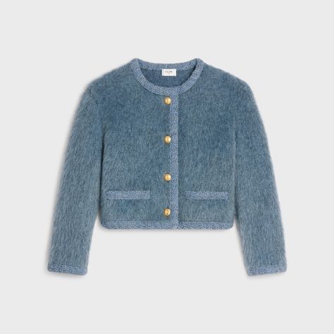 Celine Knitwear, Celine Clothes, Celine Outfit, Celine Coat, Brushed Mohair, Celine Fashion, Mohair Cardigan, Blue Cardigan, Cropped Cardigan