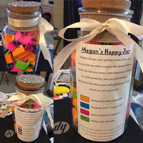 Personalized Note Jar!  I made this jar for my best friends 27th birthday. It is color coded according to each category. I based it on the "365"  jars I have seen on here. Any "bad" day that she's having, she can choose one of the categories and pick that color for a thoughtful message or memory.   #happy #jar #memories #inspiration #365 #pretty #colorcoded 365 Note Jar, Note Jar, Message Jar, 365 Jar, Jar Of Notes, Happy Jar, Gifts Forbest Friend, Diy Best Friend Gifts, Memory Jar