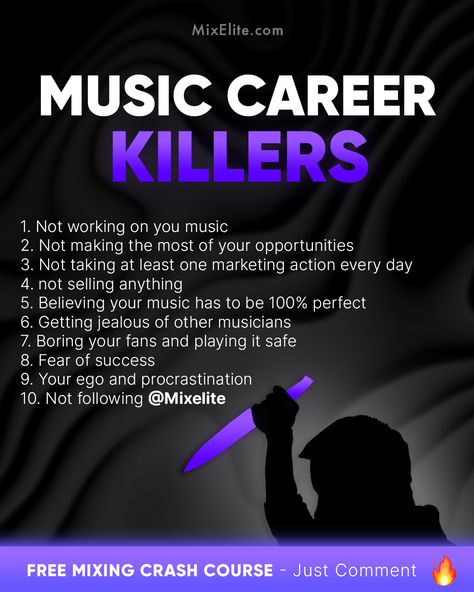 Free Mixing Crash Course 👉 MixElite.com/free-course  Avoid These Mistakes! 🚫⁠ ⁠ ⁠ #musiccareer #avoidmistakes #musicmarketing #sellmusic #perfectionism #musicjealousy #engagefans #successfear #egoproblems #followus #musicproduction #careeradvice #beattheodds #musicmotivation Artist Management Music, Music Production Tips, Producing Music, Songwriting Prompts, Writing Songs Inspiration, Music Basics, Music Industry Business, Learn Music Theory, Music Theory Lessons