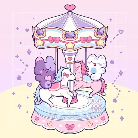 Carasoul Design, Kawaii Animal Art, Kawaii Carousel, Kawaii Carnival, Kawaii Illustration Art, Carousel Drawing, Carousel Illustration, Carousel Aesthetic, Cute Carousel