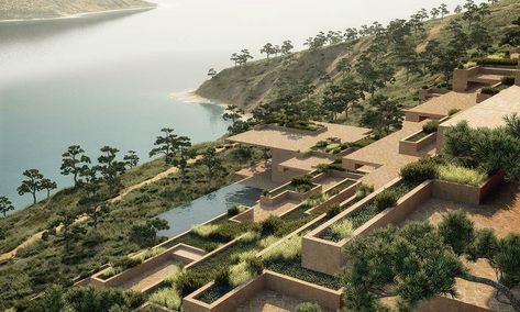 Stone Terrace Resort Hotel by ENOTA | Design Raid Mountain Resort Architecture, Stone Terrace, Thermal Hotel, Cliff Hotel, Terrace Hotel, Hotel Landscape, Terrace Building, Slope House, Modern Architecture Interior