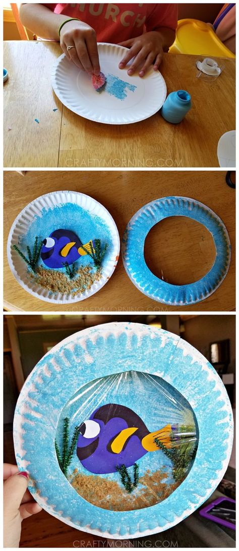 Finding Dory paper plate craft for kids to make! It looks like a porthole or aquarium. You just need to add Nemo! Disney Crafts For Kids, Disney Activities, Movie Crafts, Paper Plate Craft, Crafts For Toddlers, Summer Camp Crafts, Daycare Activities, Ocean Crafts, Daycare Crafts