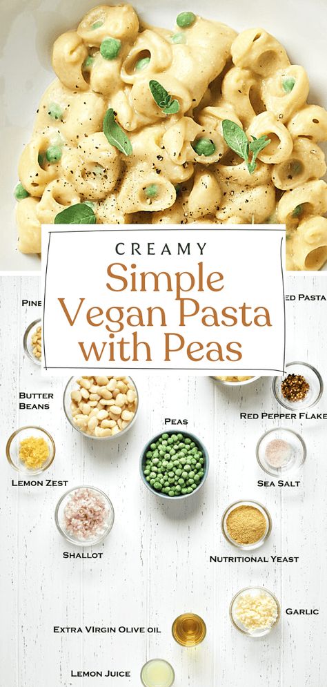 This Simple and Creamy Vegan Pasta with Peas Recipe is not only delicious, but it's also quick and easy to make. Featuring a sauce made from white beans, pasta water, olive oil, and garlic, this dish is packed with flavor and sure to please even the pickiest of eaters. Best of all, it can be made in just about 30 minutes, making it perfect for a busy weeknight meal! Vegan Pasta Sauce, Creamy Vegan Pasta, Vegan Pasta Dish, Pasta With Peas, Peas Recipe, Vegan Dinner Recipes Easy, Canned Butter, Bean Pasta, Pasta Water