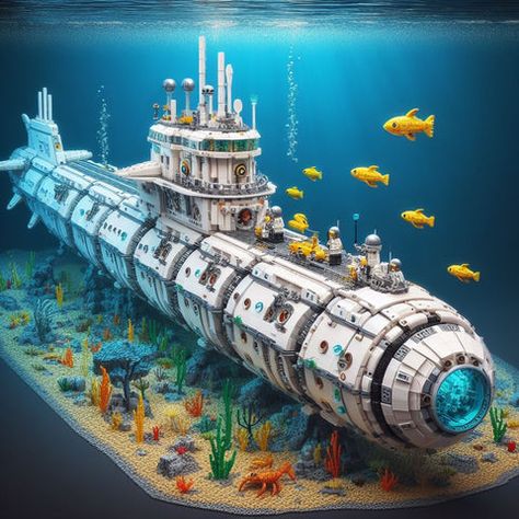 Lego Spaceship Moc, Cool Lego Ideas, Lego Ocean, Lego Building Ideas, Lego Submarine, Lego Atlantis, Minecraft Ship, Lego Designs, Lego Universe