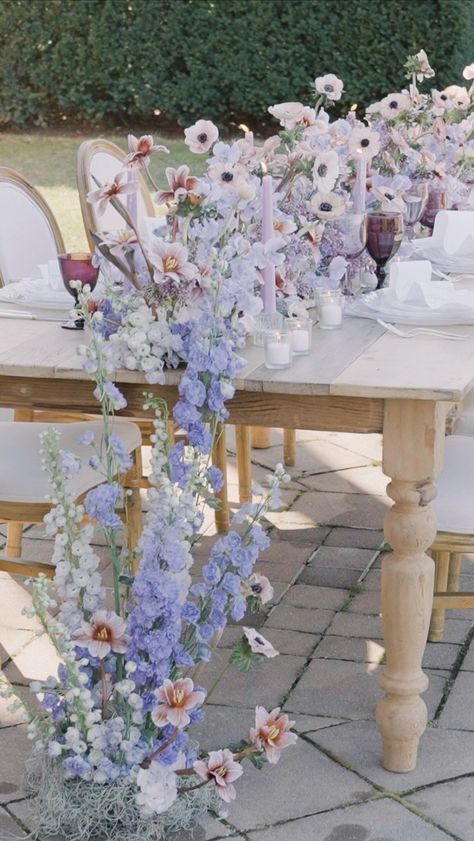 Eliza Aesthetic, Purple Floral Arrangements, Bridal Vogue, Outdoor Table Setting, Wedding Fairy, Wedding Tablescape, Lilac Wedding, Bridal Table, 2022 Wedding