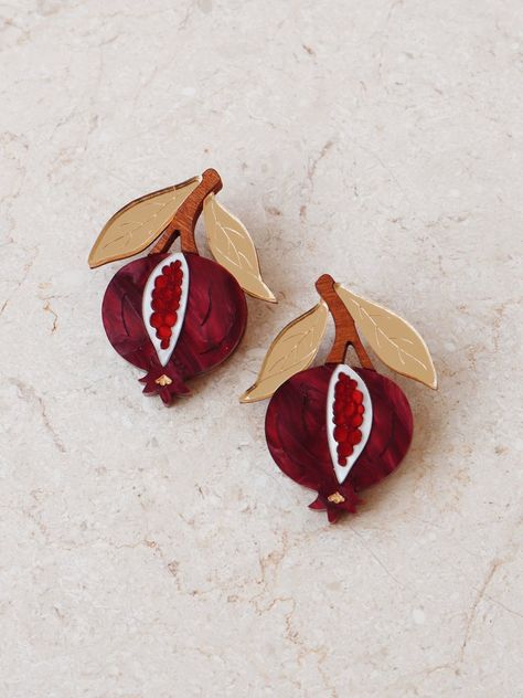 Pomegranate Necklace, Pomegranate Earrings, Playful Jewelry, Red Studs, Wood Acrylic, Wolf Moon, Pretty Packaging, Moon Jewelry, Original Jewelry