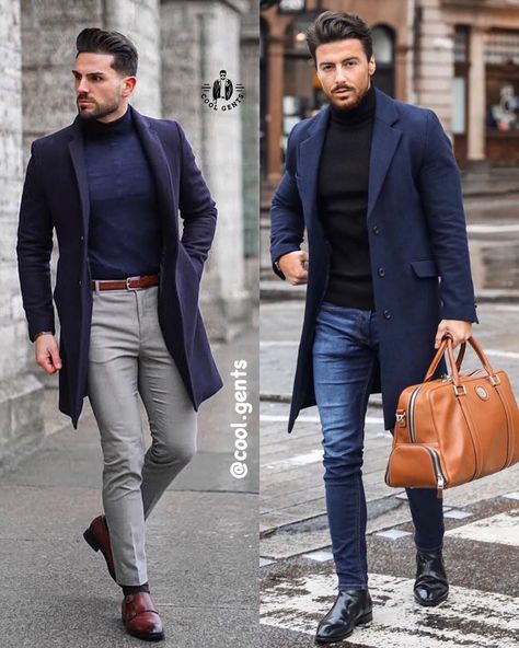 Cool Gents on Instagram: “🔥outfits! Left or right? Leave your thoughts on the looks below👇👇. . . . . . . . . . #clothingformens #streetfashion #menfashions…” Mens Navy Blue Outfit, Navy Blue Outfit Men, Grwm Men, Navy Coat Outfit, Mens Formal Outfits, Navy Overcoat, Jacket Inspiration, Navy Blue Outfit, Smart Casual Menswear