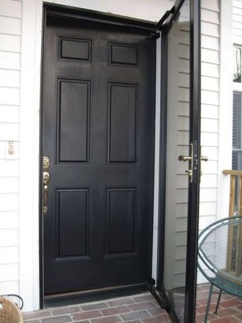 Black Storm Door, Black Screen Door, Screen Door Ideas, Black Entry Doors, Front Door With Screen, Black Exterior Doors, Black Front Door, Security Screen Door, Front Door Makeover