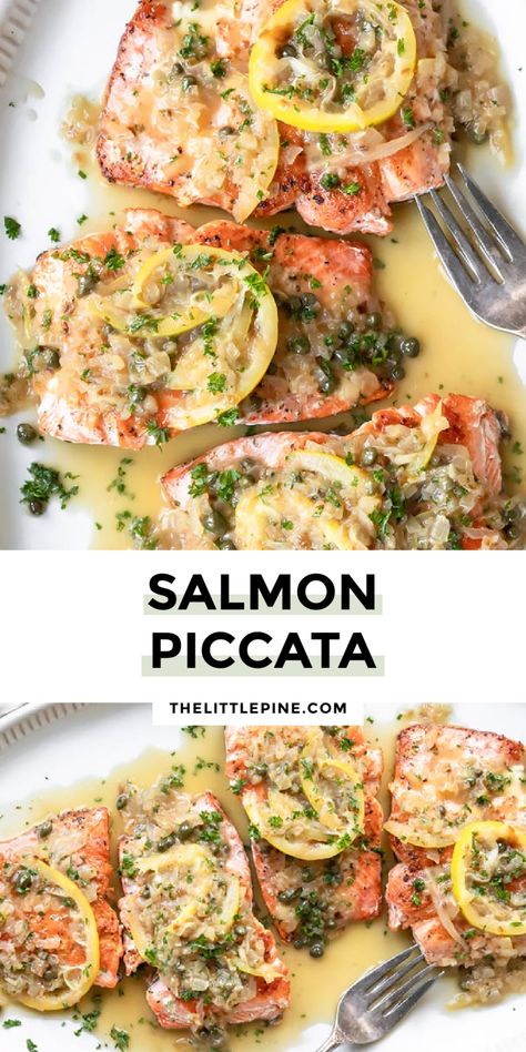 Tender, perfectly cooked fish, and a luxurious sauce spiked with capers, this salmon piccata makes an easy dinner feel extra elegant. #salmonpiccata #lowcarbsalmonpiccata Fish Main Dishes, Baked Fish Fillet Recipe, Unique Salmon Dishes, Elegant Fish Recipes, Salmon Accompaniments, Summer Fish Dinner, Salmon Picatta Recipe, Fish And Veggie Recipes, Halibut Piccata