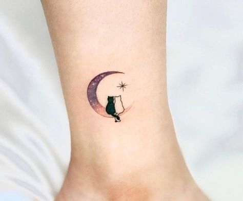 Small Black And White Cat Tattoo, Two Cats On A Moon Tattoo, Cat In Moon Tattoo, 2 Cat Tattoo Designs, Cat On The Moon Tattoo, Cat Tatoos Ideas, Luna Cat Tattoo, Cat On Moon Tattoo, Moon And Cat Tattoo