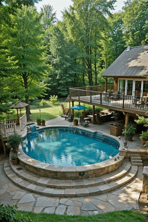 14 AMAZING Above Ground Pool Ideas to Inspire (+ Bar Addon) Semi Underground Pool, Above Ground Pool Ideas With Deck, Oval Pool Deck Ideas, Backyard Ideas With Pool, Pool Retaining Wall, Tropical Paradise Theme, Pool Bar Ideas, Underground Pool, Dipping Pool