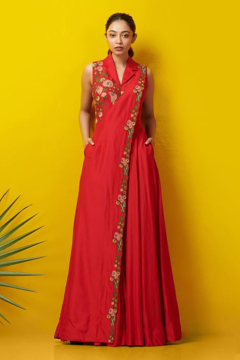 Buy Red Silk Cotton Draped Embroidered Jumpsuit For Women by Rishi and Soujit Online at Aza Fashions. Embroidered Jumpsuit, Anarkali Dress Pattern, Jumpsuit For Women, Indian Dresses Traditional, Designer Party Wear Dresses, Designer Dresses Casual, Boutique Dress Designs, Stylish Party Dresses, Party Wear Indian Dresses