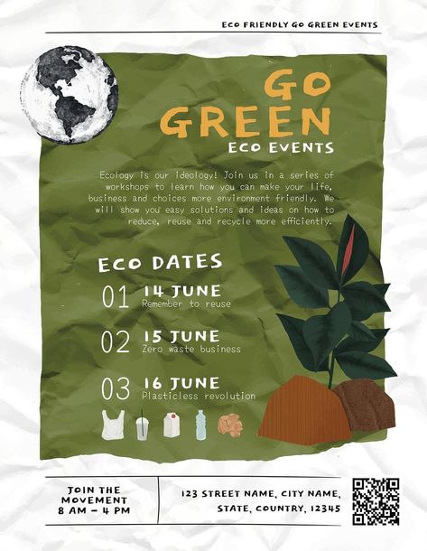 Eco event flyer editable template, go green text vector | premium image by rawpixel.com / Sasi Green Event Design, Go Green Poster Ideas, Eco Friendly Poster Design, Sustainability Event Poster, Event Promotion Poster, Sustainable Poster Design, Save The Date Corporate, Poster Sustainability, Eco Poster Design