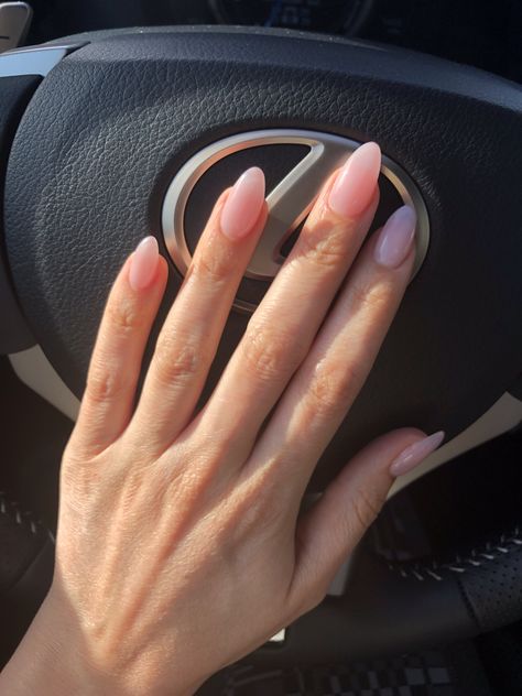 Clear Pink Gel Nails Almond, Almond Shaped Clear Nails, Almond Shape Natural Acrylics, Clear Pink Acrylic Nails Oval, Clear Pink Almond Acrylic Nails, Polygel Nails Almond Shape, Almond Nails By Skin Tone Range, Almond Nails Clear Pink, Almond Nails Vs Oval Nails