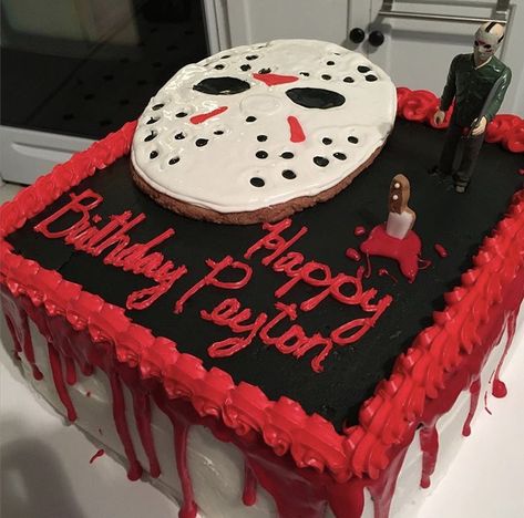 Friday the 13th cake Friday The 13th Birthday Cake, Friday 13 Birthday Party Ideas, Jason Voorhees Cake, Friday The 13th Birthday Party, Friday The 13th Cake, Horror Cakes, Scary Halloween Cakes, Horror Cake, Spooky Birthday