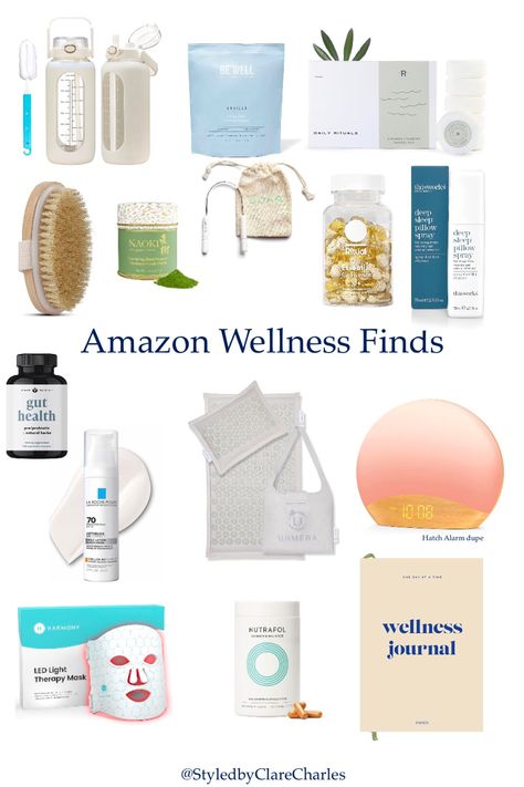 Wellness products from Amazon with supplements, sunrise alarm, red light therapy, matcha,spf Amazon Health Products, Amazon Wellness Finds, Amazon Health Must Haves, Trending Skincare Products, Wellness Gift Guide, Wellness Must Haves, Wellness Girly Aesthetic, Wellness Influencer Aesthetic, Wellness Aesthetic Health