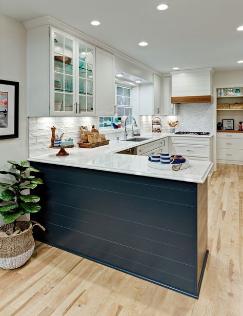 This kitchen peninsula uses blue painted shiplap by Dura Supreme Cabinetry to add a beautiful pop of color to the design. Kitchen design by Kristen Peck of Knight Construction Design, Inc., Minnesota. Peninsula Kitchen Layout, Small Kitchens With Peninsulas, Peninsula Kitchen Design, Kitchen With Peninsula, Peninsula Kitchen, Kitchen Peninsula, Kitchen Redo, Kitchen Layout, White Cabinets