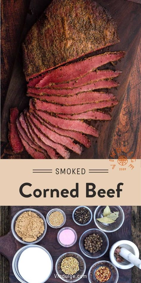 Smoked Corned Beef is a delicious meal with of aromatics of spices and herbs and the rich and salty brine giving it that signature red color. Making your own corning spices is pretty easy, it just takes time, some special curing salt, and an understanding of how the curing salt process works. Smoking the brisket when it's all done adds to the rich flavor. A perfect recipe for St. Patrick's Day or as a springtime recipe. Corned Beef Seasoning, Smoked Corned Beef Brisket, Pit Boss Pellet Grill Recipes, Smoked Corned Beef, Pellet Smoker Recipes, Curing Salt, Beef Brisket Recipes, Corned Beef Brisket, Spiced Beef