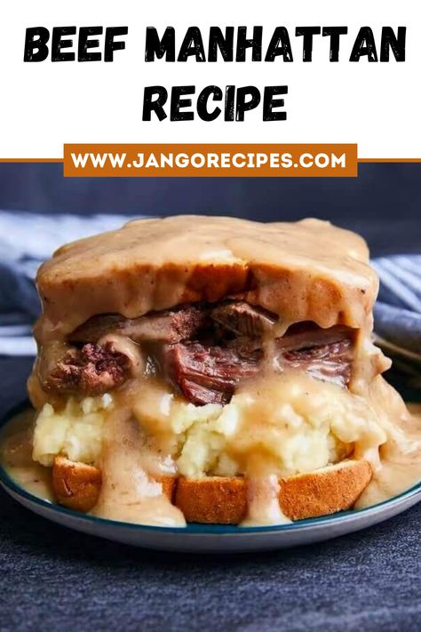 Manhattan Sandwich, Beef Manhattan Recipe Crock Pot, Beef Manhattan Recipe, Roast Beef Manhattan Recipe, Beef Manhattan, Top Round Roast Beef, Football Sunday Food, Manhattan Recipe, Stew Meat Recipes