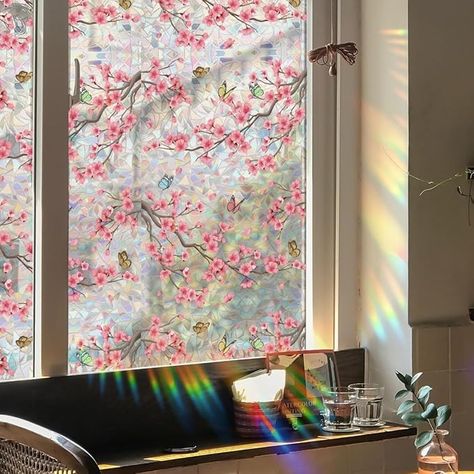 Amazon.com: Runtoo Window Privacy Film Rainbow Cherry Blossom Flower Window Clings 3D Decorative Window Vinyl Stained Glass Butterfly Floral Decals Static Cling Window Sticker Non-Adhesive, 15.75 x 40 inches : Home & Kitchen Stained Glass Cherry Blossom, Cherry Blossom Roller Shade Art, Cherry Blossom Car Wrap, Cherry Blossom Stained Glass Window, Window Sun Catchers Sticker, Stained Glass Window Film, Window Privacy, Flower Window, Window Films