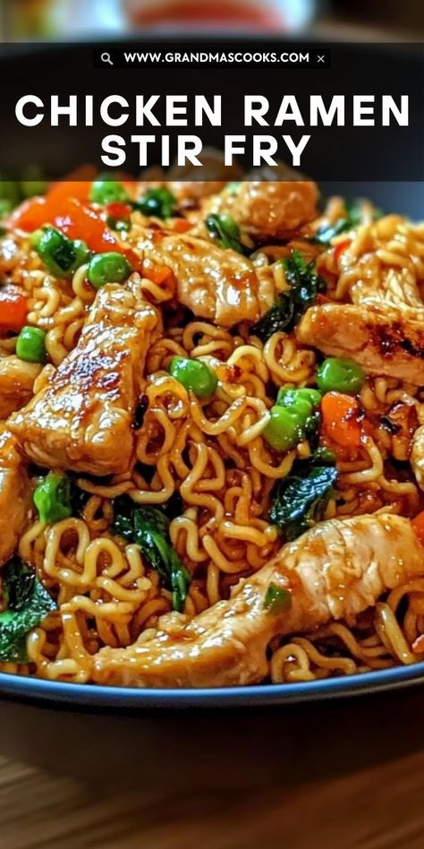 This Chicken Ramen Stir Fry is the perfect combination of crispy, stir-fried veggies, tender chicken, and ramen noodles in a savory sauce. It’s a fast and easy dinner that’s both satisfying and full of flavor! Noodle With Chicken Recipes, Chicken And Ramen, Chicken Ramen Stir Fry, Chicken Ramen Noodle Recipes, Asian Stir Fry Recipe, Chicken Ramen Recipe, Sautéed Chicken, Ramen Stir Fry, Homemade Chinese Food