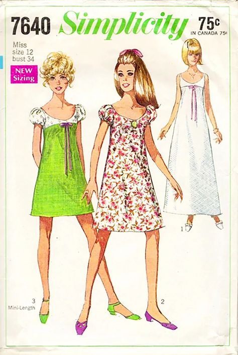 1968 Evening Dress in Three Lengths Women's Size 12 Vintage Sewing Pattern Evening Dress Sewing Patterns, Vintage Clothes Patterns, Empire Waist Evening Dress, Evening Dress Patterns, 60s And 70s Fashion, Simplicity Dress, Gown Pattern, Vintage Dress Patterns, Teenage Fashion