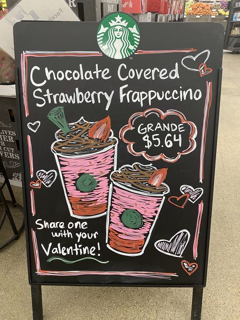 Strawberry and Cream Frappuccino made with sweet cream and blended with java chips. Topped with whipped cream, mocha drizzle, and a strawberry. Enjoy! Strawberry Chalkboard Art, Starbucks Valentines Chalkboard, Coffee Chalkboard Ideas, Strawberry And Cream Frappuccino, Starbucks Board Ideas, Starbucks Chalkboard Art, Valentine Chalkboard Art, Chalk Art Coffee, Starbucks Poster