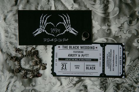 The Black Wedding: A Metallica-Inspired Celebration · Rock n Roll Bride Metallica Wedding, Roll Invitation, Bride Reception Dress, Dark Wedding Theme, Ticket Style, May Wedding, Bride Crown, Rock N Roll Bride, Dark Wedding