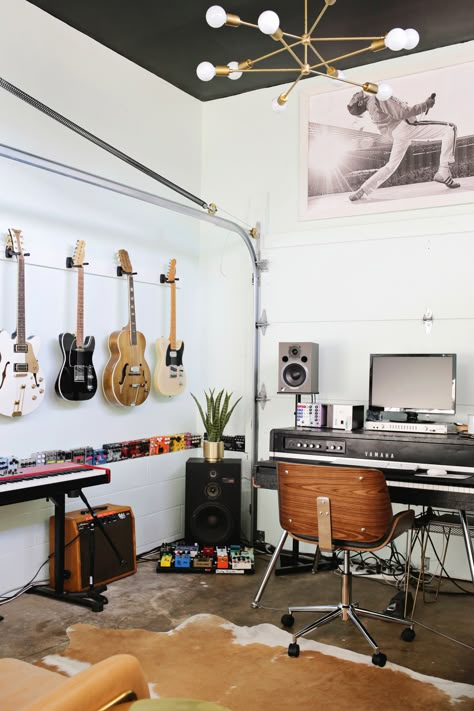 Todd's Home Studio (Before + After!) - A Beautiful Mess Home Studio Music Room, Industrial Crafts, Studio Music Room, Music Studio Ideas, Art Hallway, Romantic Industrial, Music Room Design, Music Room Ideas, Home Studio Ideas