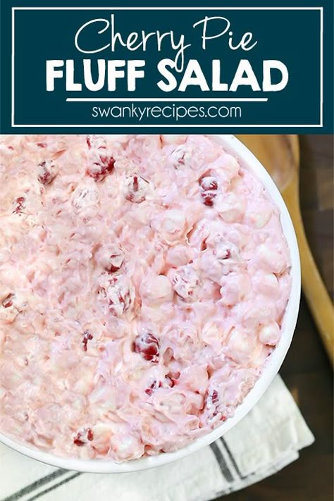 Cherry Fluff Salad ingredients mixed together and served in a bowl without pie filling on top. Cherry Pie Salad, Pink Fruit Salad Cool Whip, Cherry Pie Filling Salad, Hello Dessert, Fluffy Salad, Cherry Fluff Salad, Cherry Salad Recipes, Pie Filling Desserts, Quick Summer Desserts