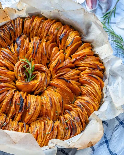 These Roasted Smoked Sweet Potatoes are going to be a huge winner at your dinner table. They are thinly sliced and have a sweet and smokey flavor to them that will surely satisfy your taste buds. This recipe makes about 6-8 servings as a side dish. #sweetpotatoes #recipes #holidayrecipes Smoked Sweet Potatoes, Mashed Sweet Potatoes Healthy, Potato Recipes Roasted, Potato Recipes Healthy, Butternut Squash Recipes Roasted, Sweet Potato Recipes Roasted, Vegetarian Thanksgiving Recipes, Sweet Potato Dishes, Sweet Potato Recipes Healthy