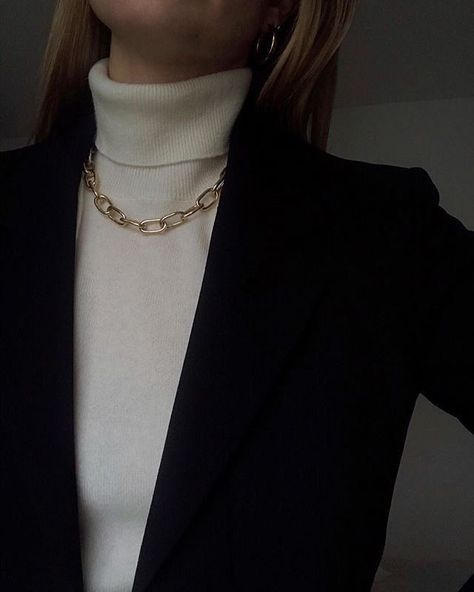 Black Blazer, A Woman, Chain Necklace, Turtle Neck, Blazer, Chain, Gold, On Instagram, White