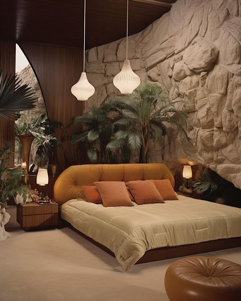 1970s Palm Springs luxury 🧡🌴 • • • • (AI images — MJ 5.2) #70sinterior #1970sinterior #70saesthetic #1970s #70svibes #70snostalgia #70sdecor #70s #vintage #interiordesign #homedecor #luxuryhomes 70s Home Aesthetic Modern, 70s Mountain House, Vintage 70s Interior Design, 70s Style Bed Frame, Los Angeles Bedroom Aesthetic, 70s Rooms Bedrooms, 70s Modern Bedroom, Green 70s Bedroom, Vintage Bed Ideas